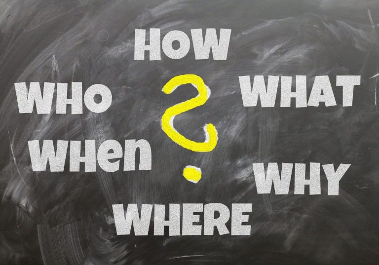 Organisation Große Schriftzüge auf einer Tafel mit den W-Fragen: Wie, Wer, Was, Wann, Warum, Wo.