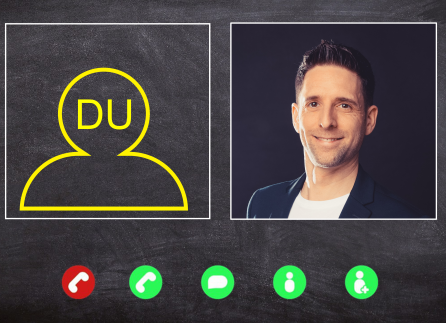 Profilbild eines lächelnden Mannes neben Icons für Anruf, Nachricht und Videochat.